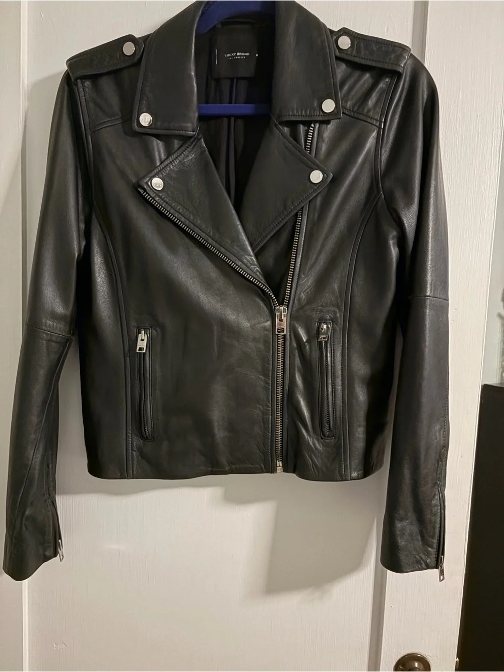 Lucky Brand Black Leather Asymmetrical Moto Jacket | Size M